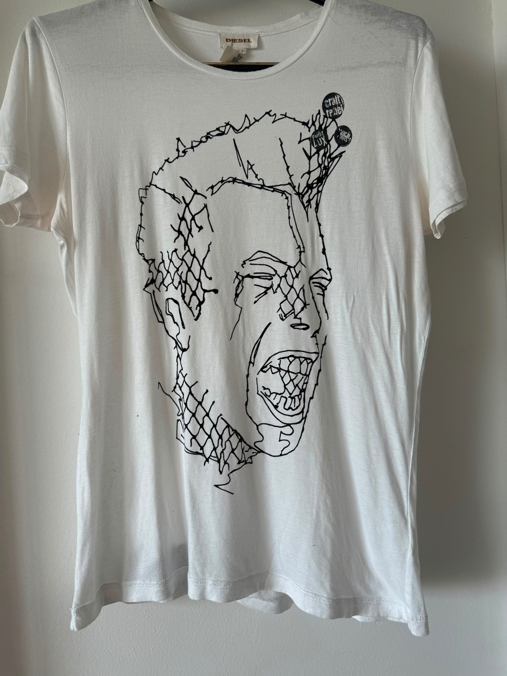 Diesel White Short Sleeve T-Shirt with Black Graphic Face